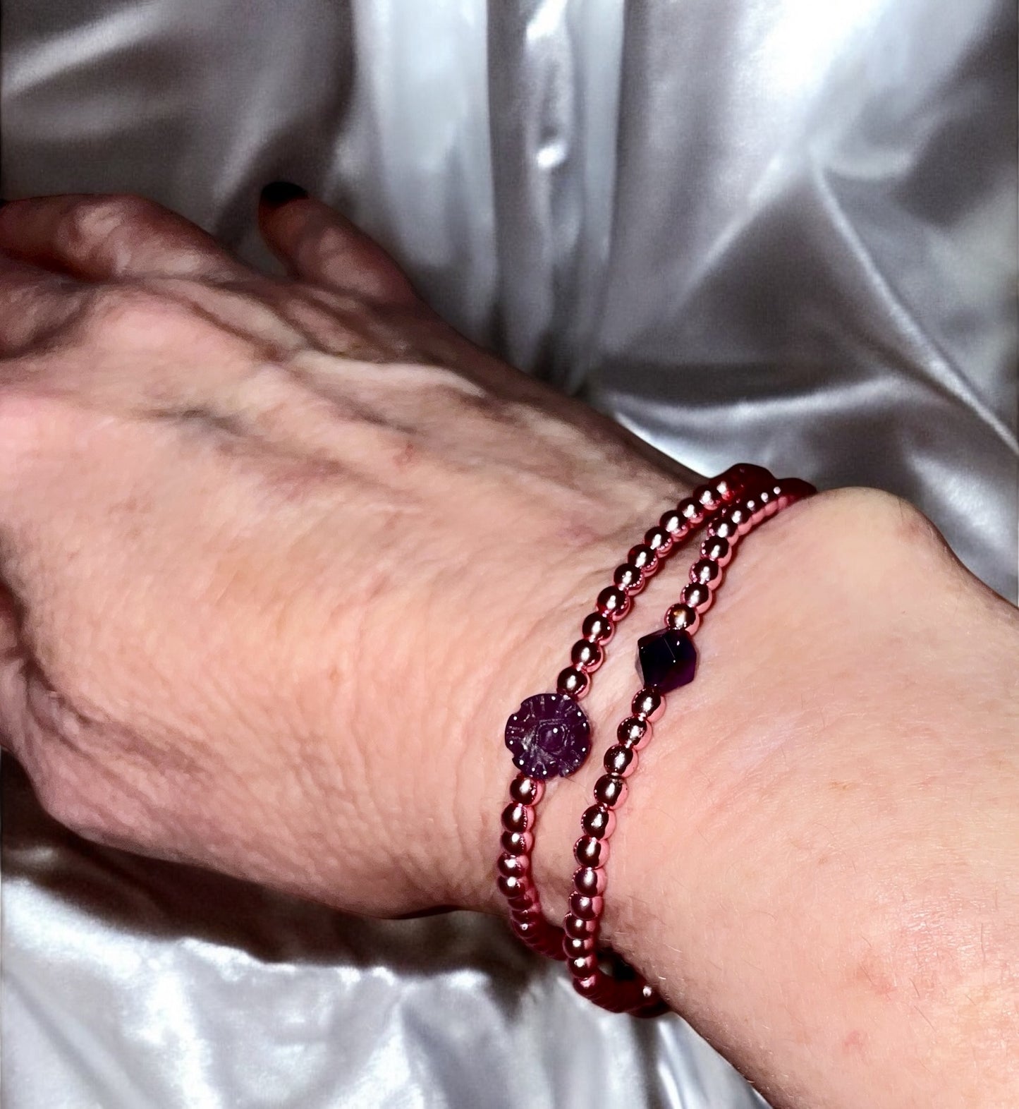 Amethyst Flower and Rose Hematite Bracelet Stack