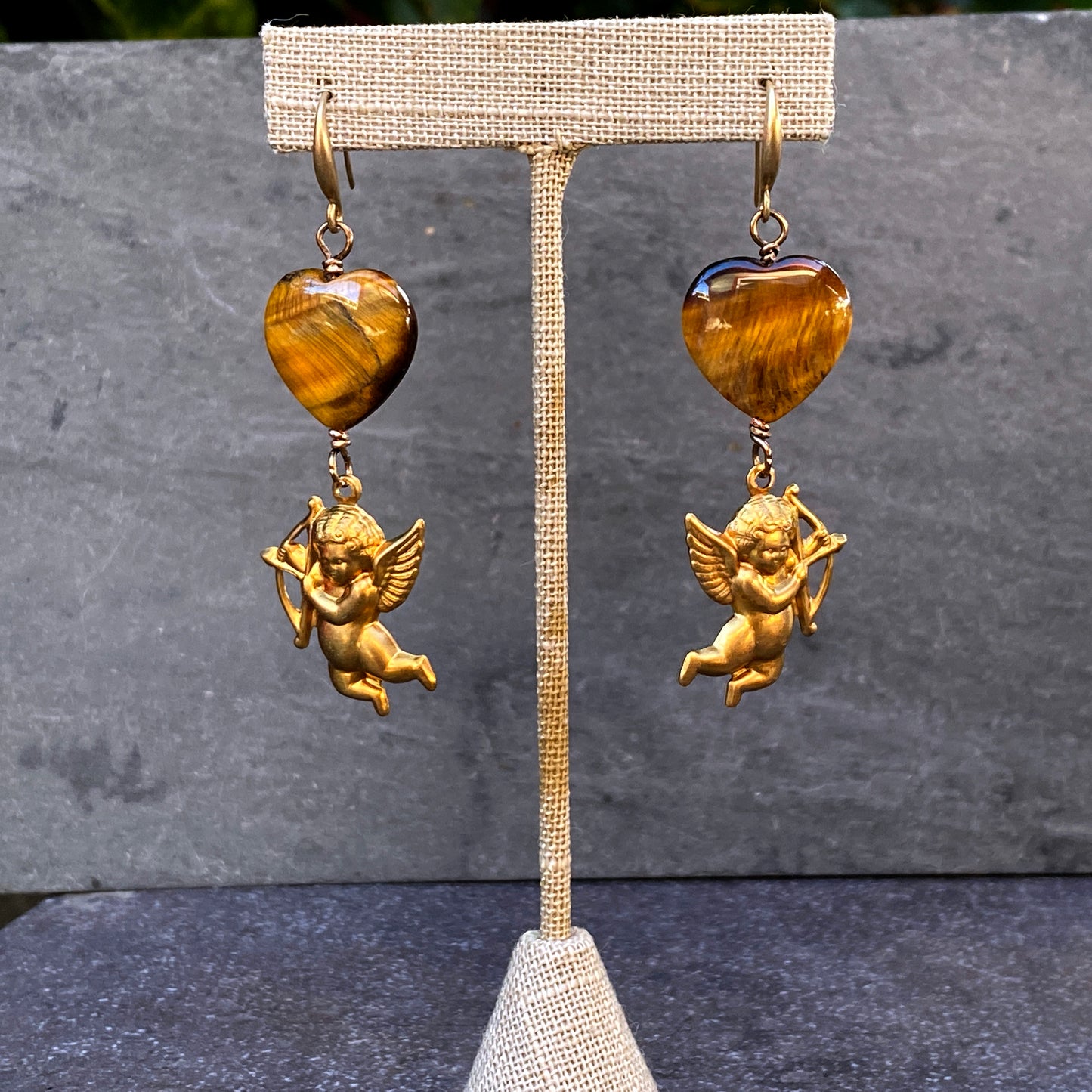Cupid with Tiger Eye Hearts Earrings