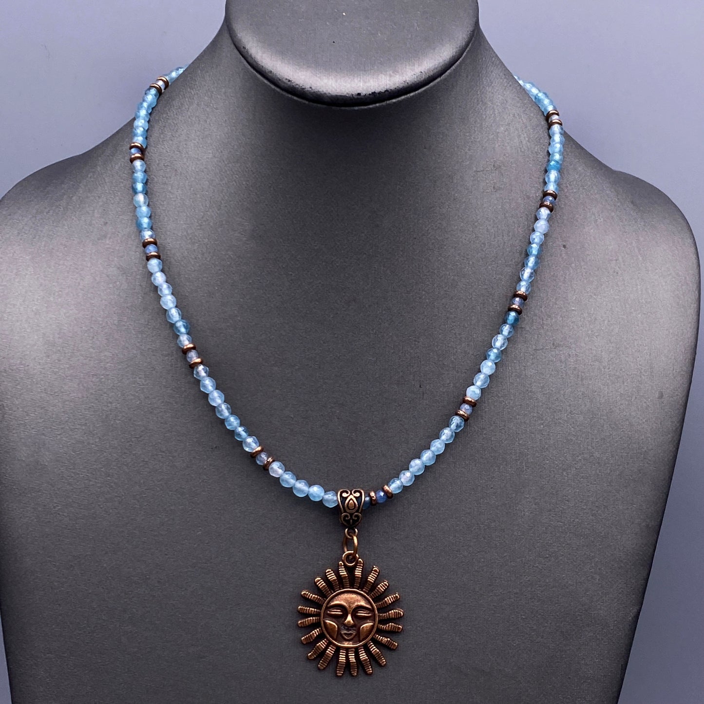 Aquamarine gemstone beaded necklace with Sun pendant