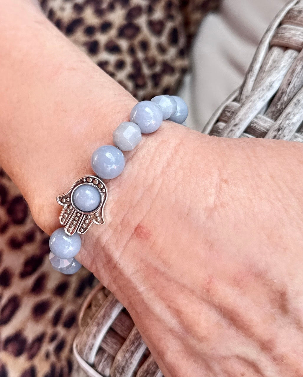 Angelite and Hamsa Beaded Bracelet