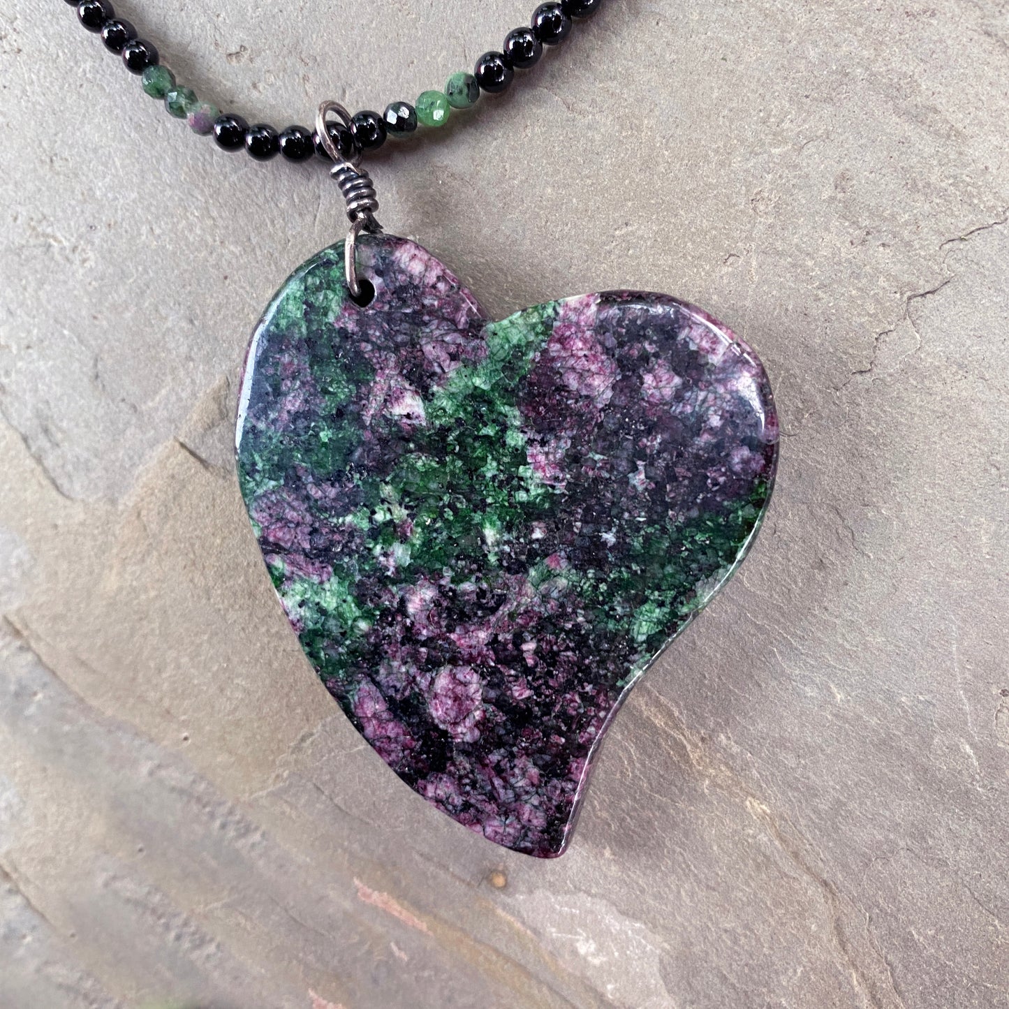 Ruby Zoisite Heart on Onyx beaded necklace