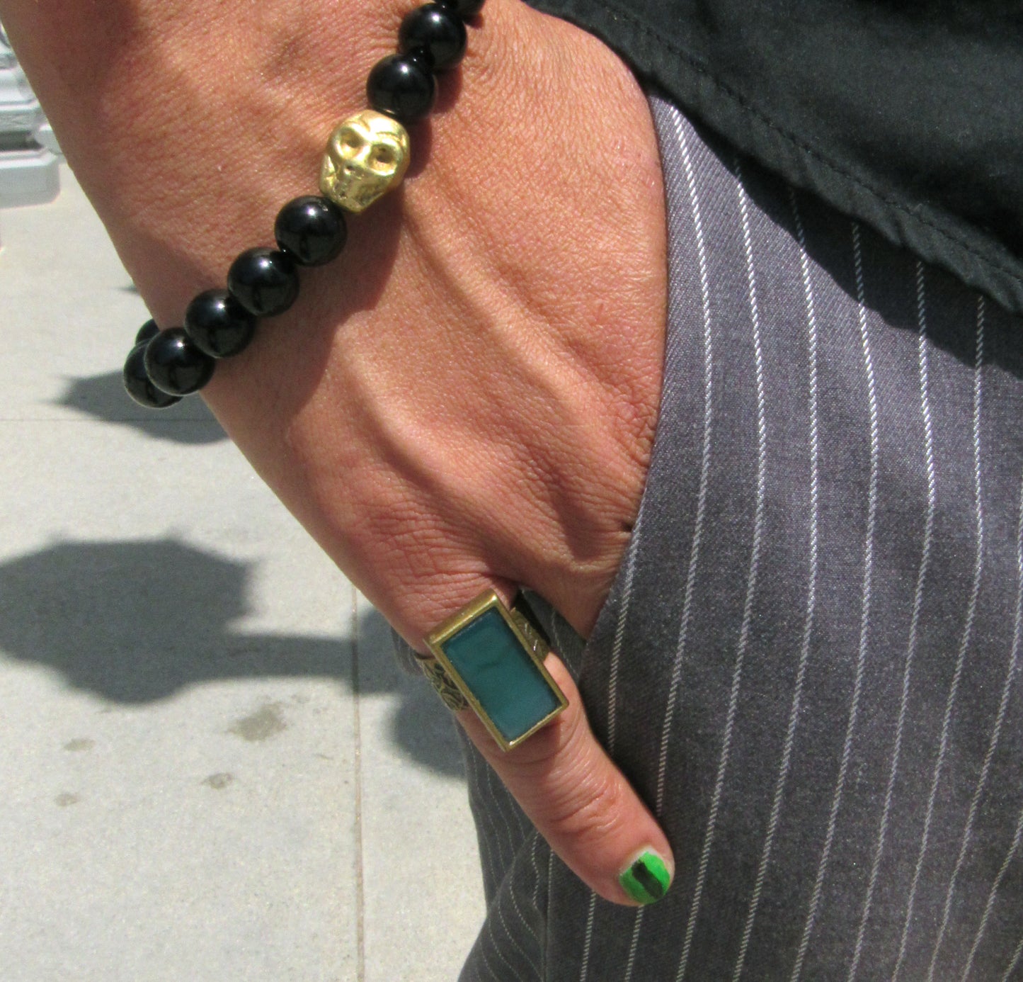 Green Onyx gemstone adjustable Bronze Ring