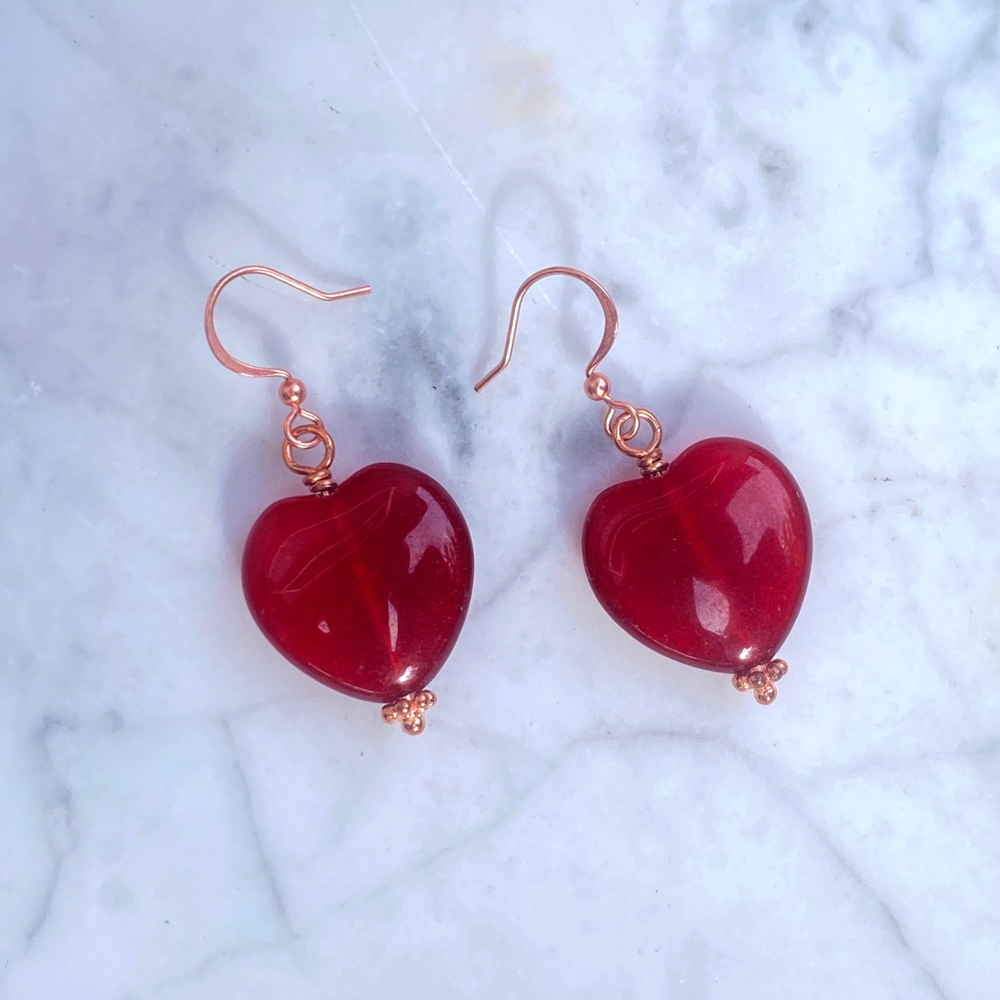 Red Jade Heart and Copper Dangle Earrings