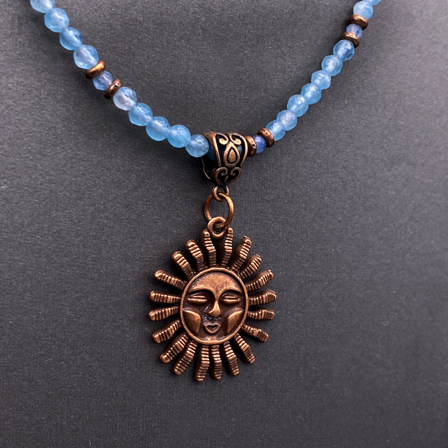 Aquamarine gemstone beaded necklace with Sun pendant