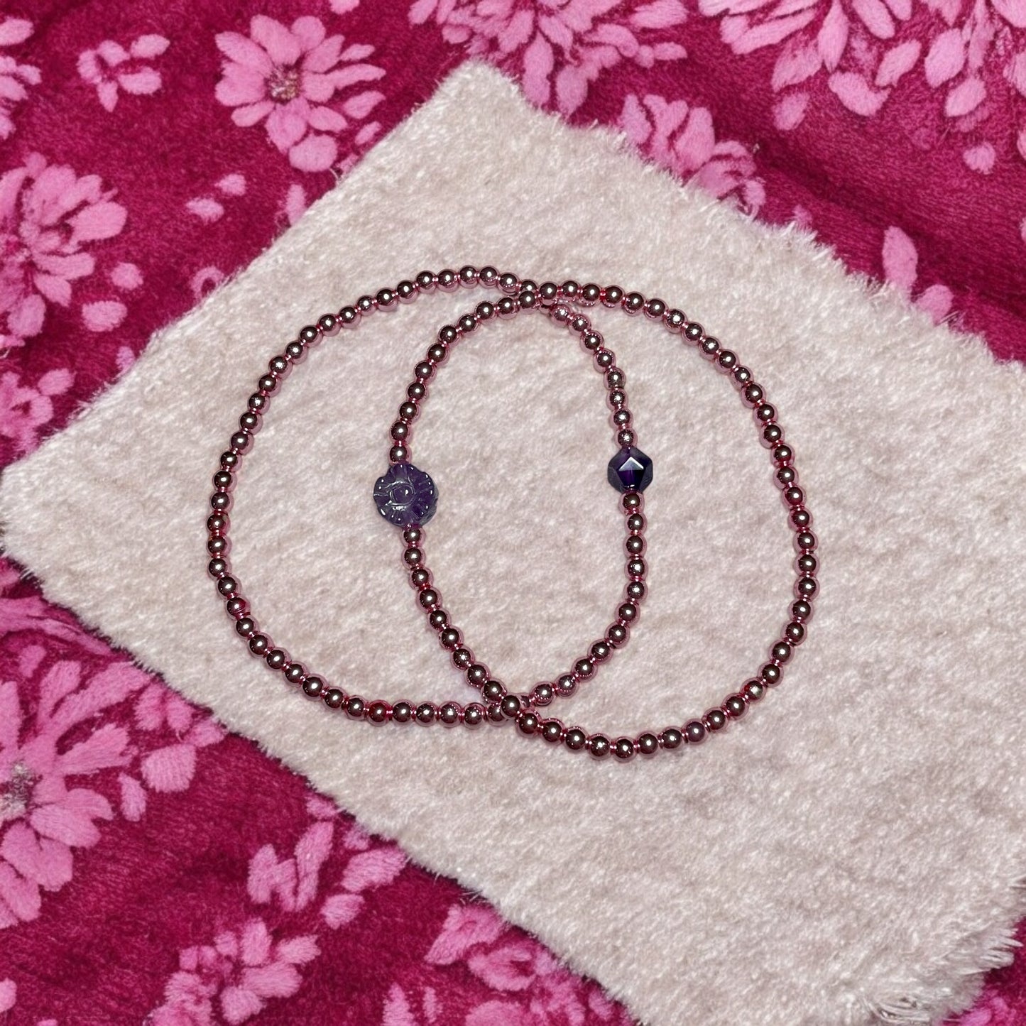 Amethyst Flower and Rose Hematite Bracelet Stack