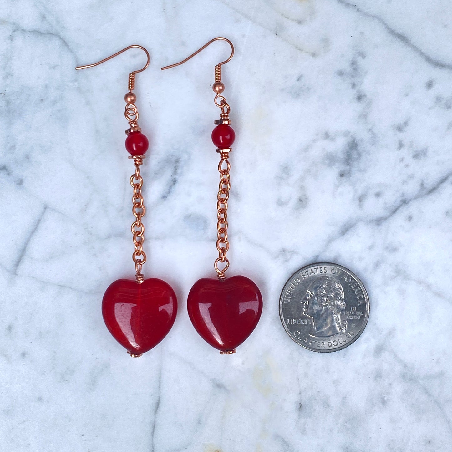 Red Jade Heart and Copper Dangle Earrings