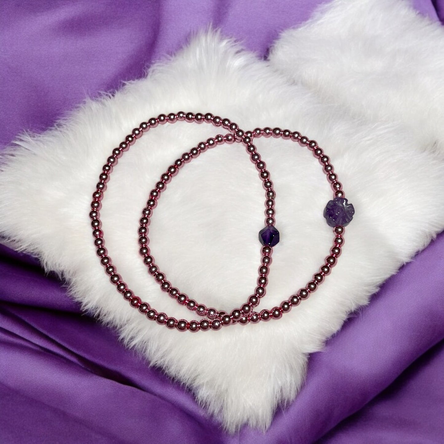 Amethyst Flower and Rose Hematite Bracelet Stack