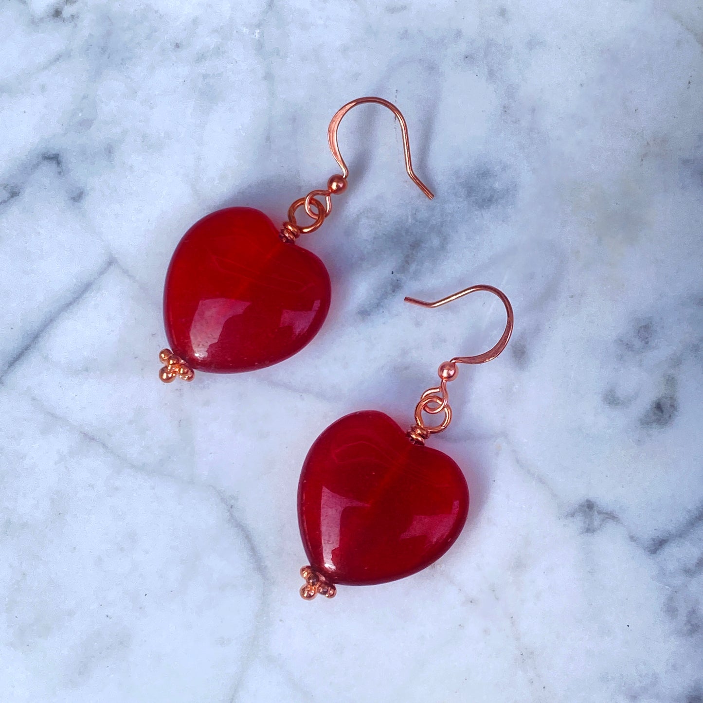 Red Jade Heart and Copper Dangle Earrings
