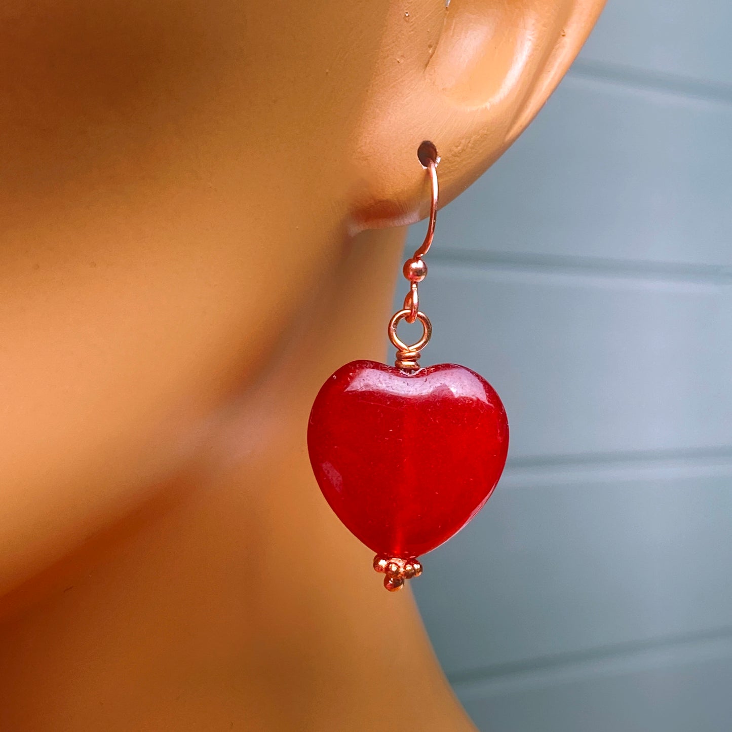 Red Jade Heart and Copper Dangle Earrings