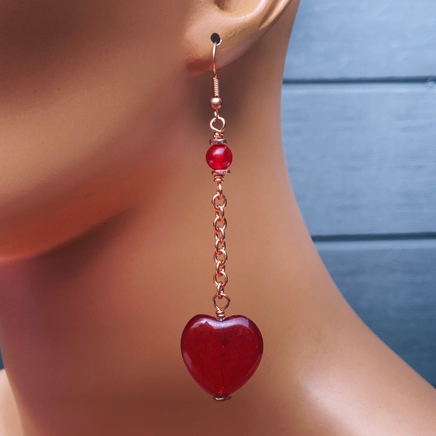 Red Jade Heart and Copper Dangle Earrings