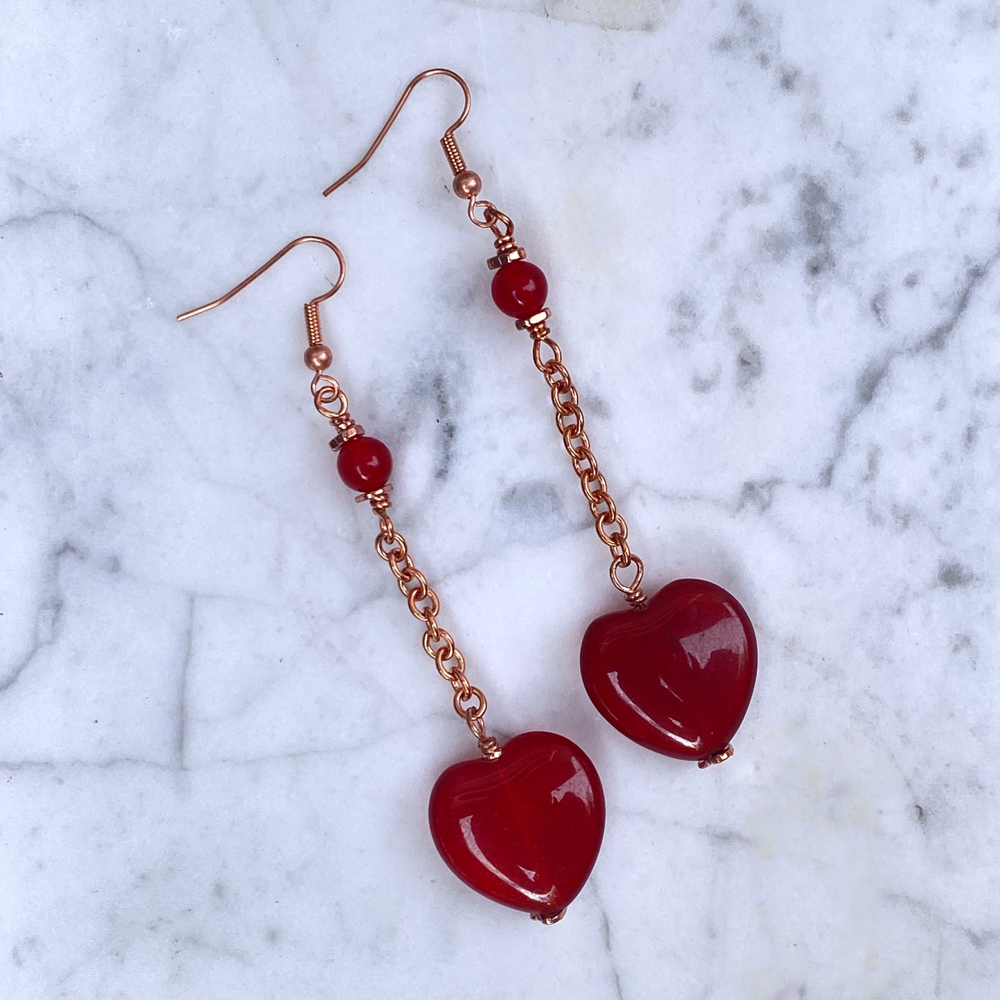 Red Jade Heart and Copper Dangle Earrings