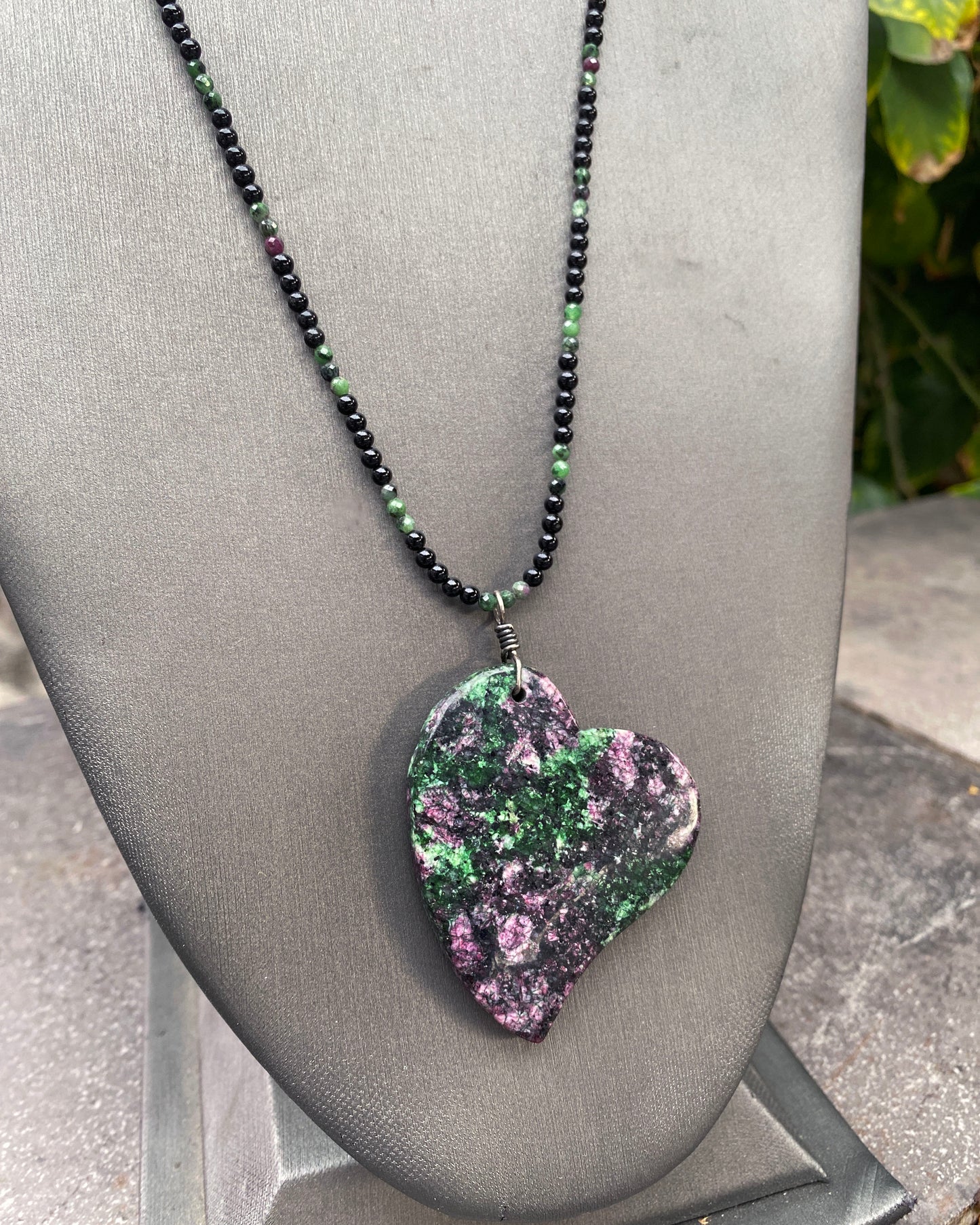 Ruby Zoisite Heart on Onyx beaded necklace