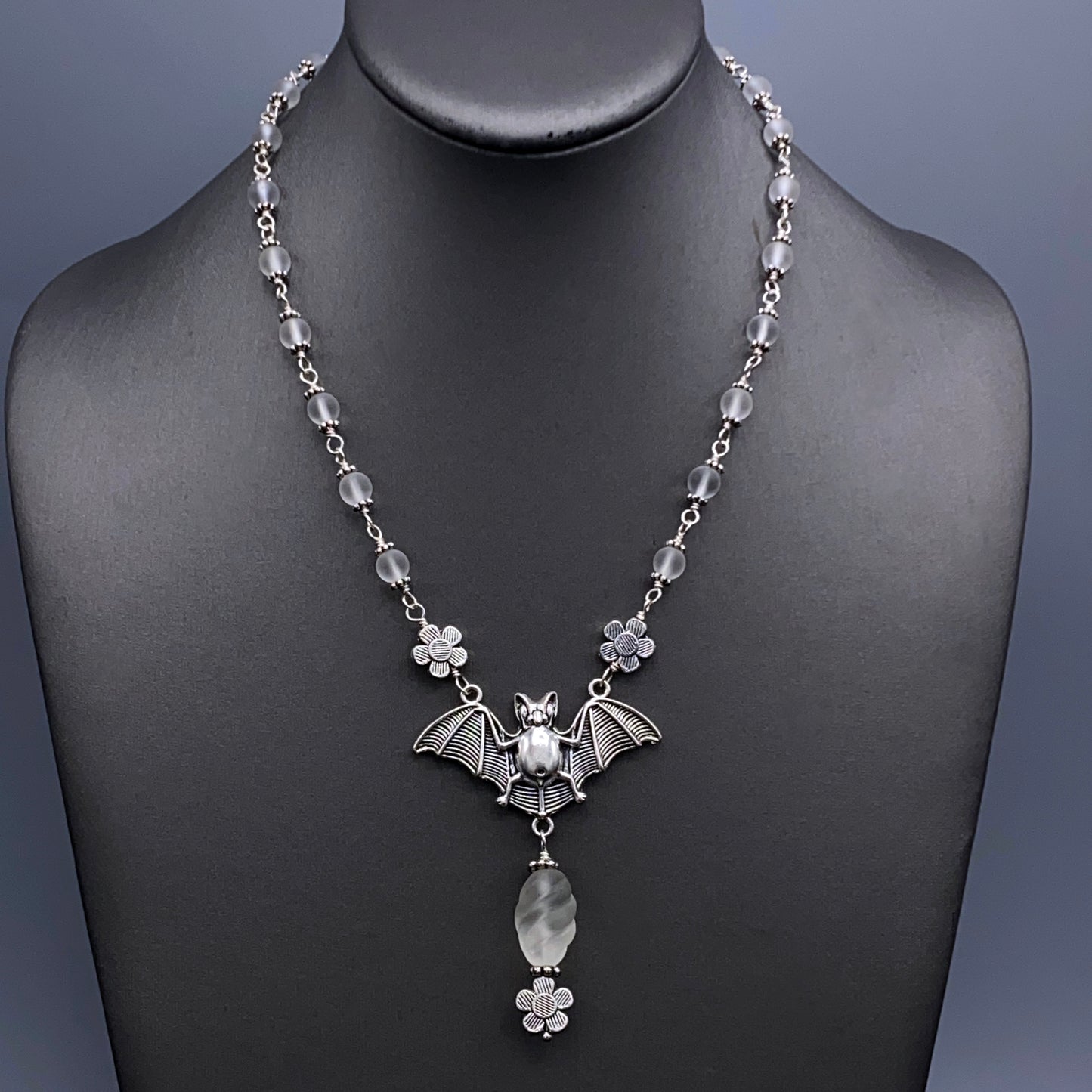 Blue Agate gemstone crystals bat pendant Halloween Necklace