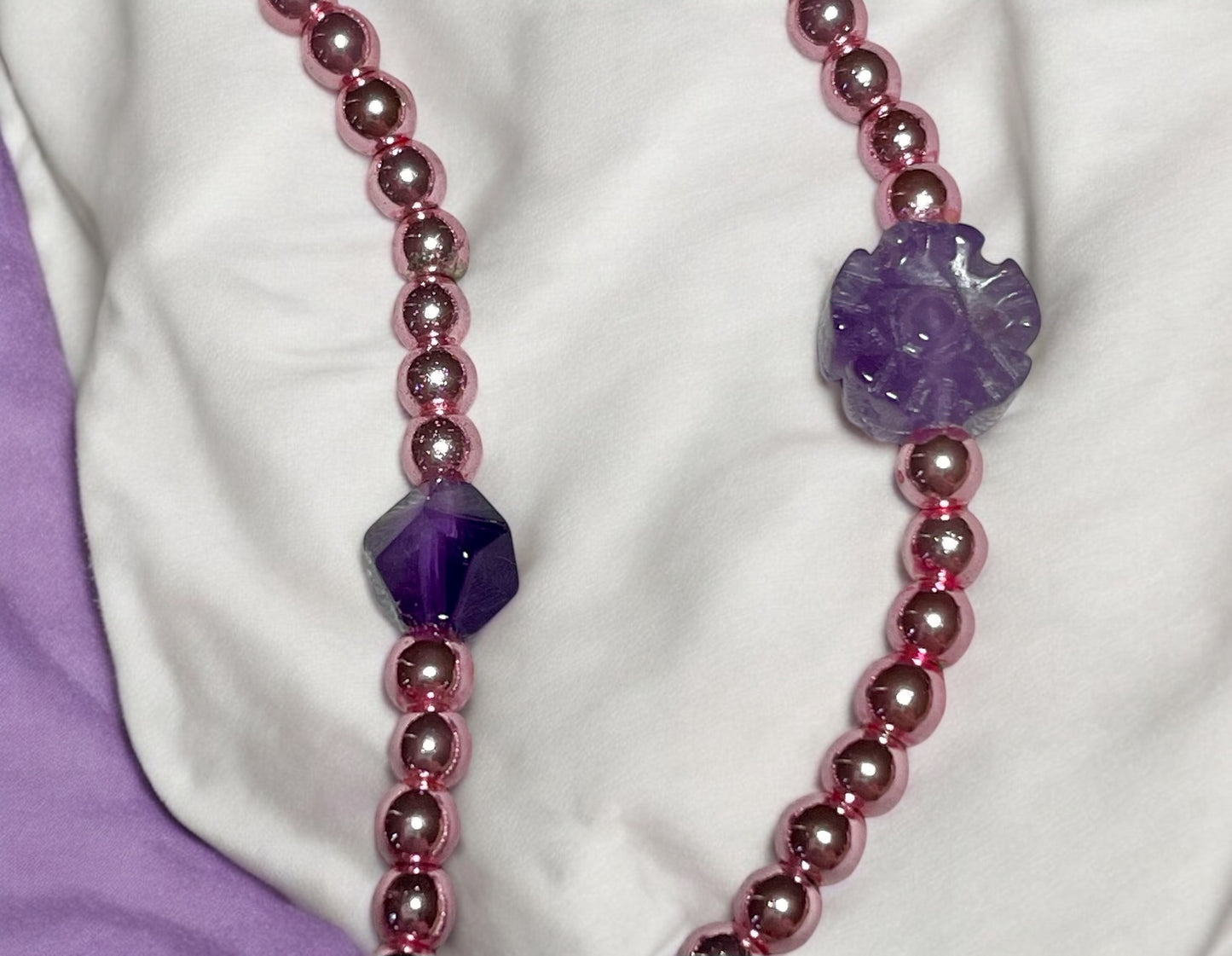 Amethyst Flower and Rose Hematite Bracelet Stack