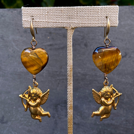 Cupid with Tiger Eye Hearts Earrings