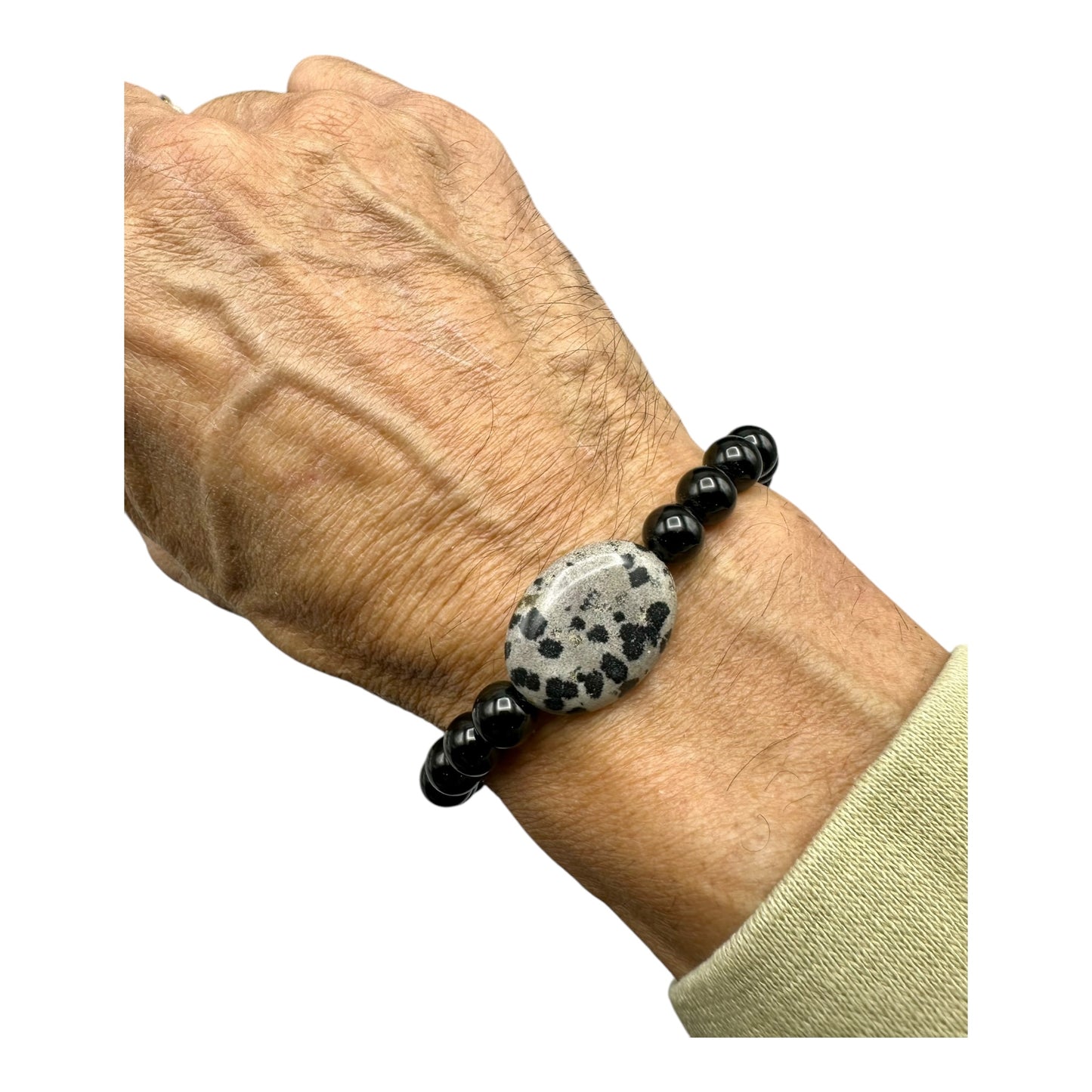Onyx and Dalmatian Jasper Beaded Gemstone Bracelet