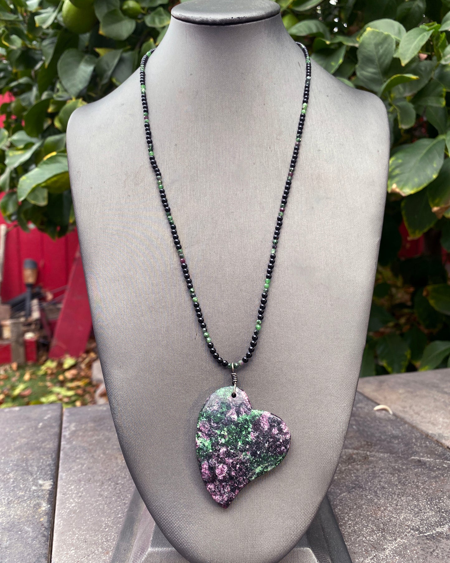 Ruby Zoisite Heart on Onyx beaded necklace