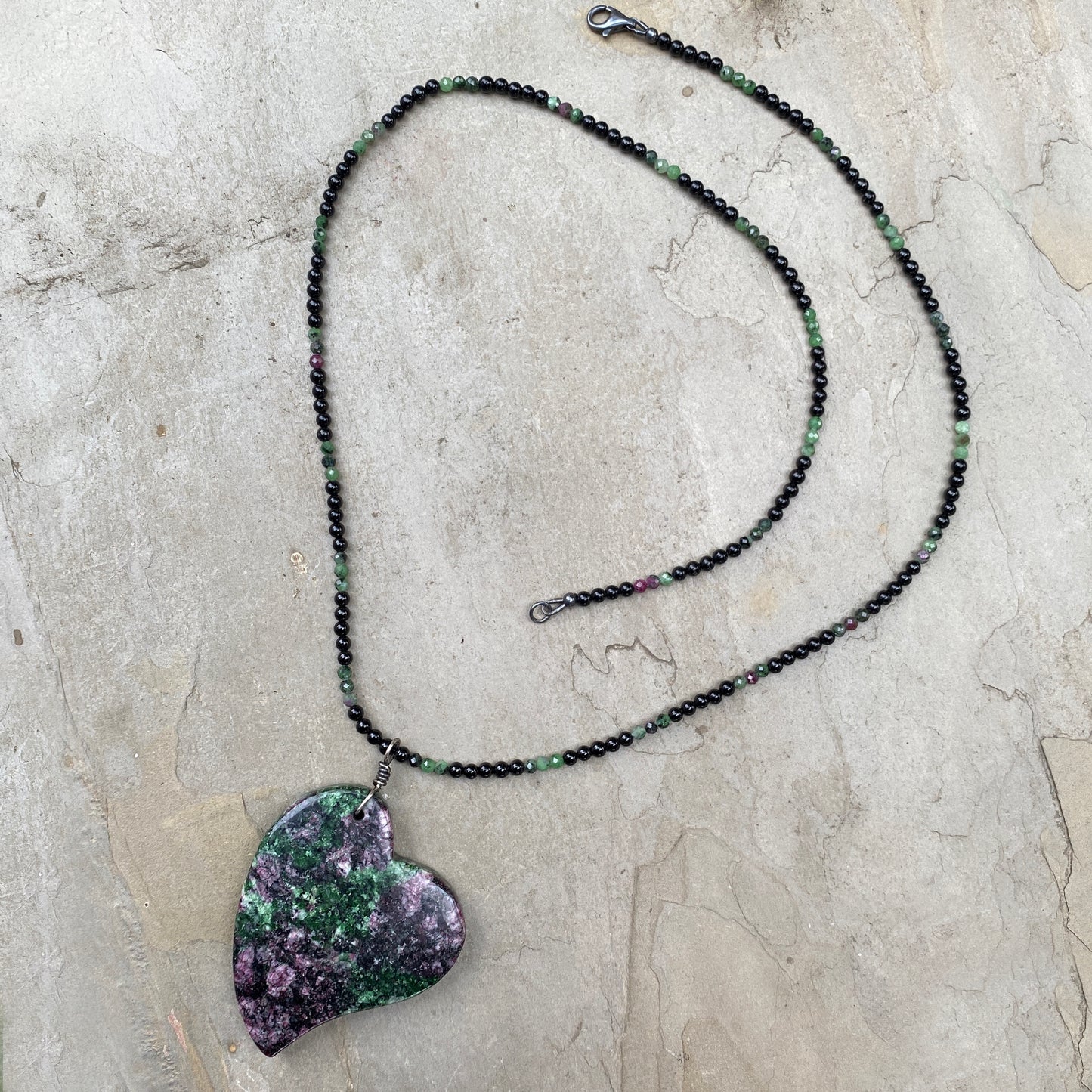 Ruby Zoisite Heart on Onyx beaded necklace