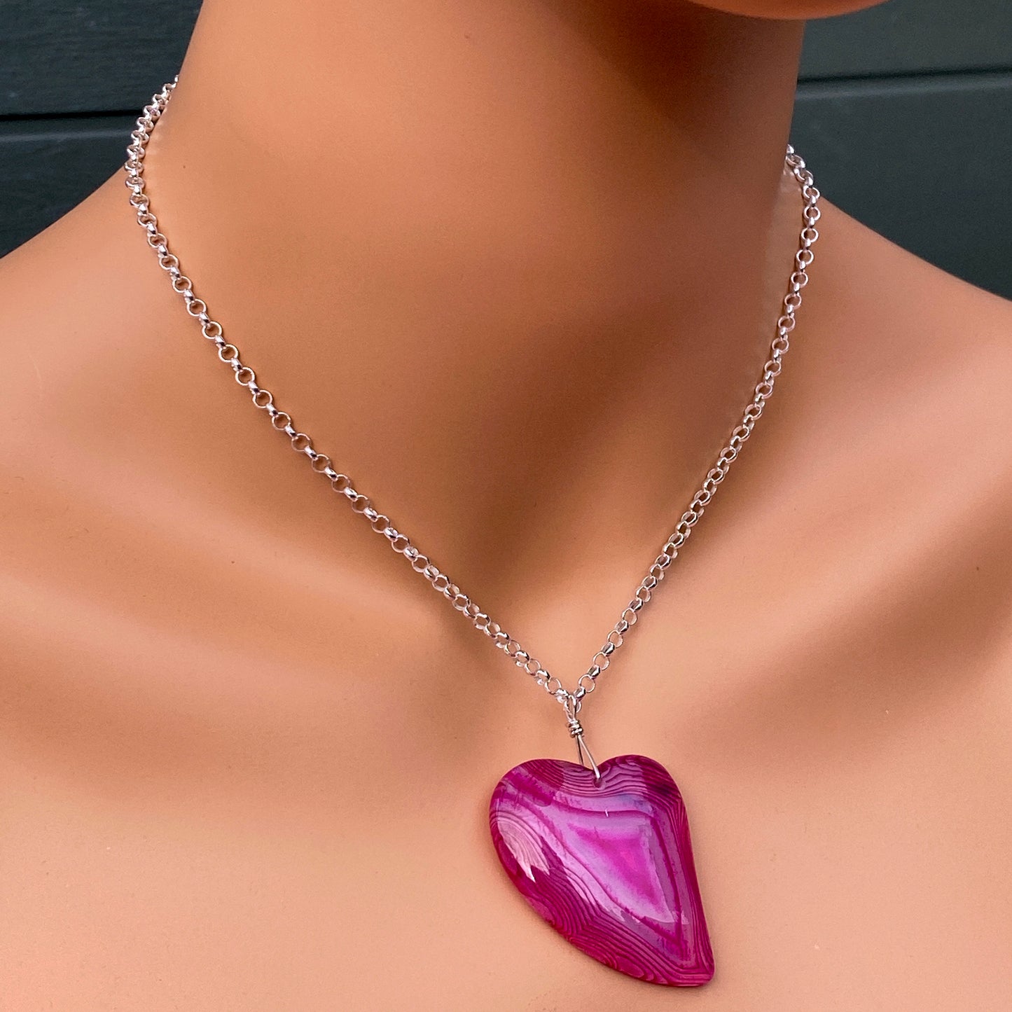 Banded Pink Agate gemstone Heart Necklace
