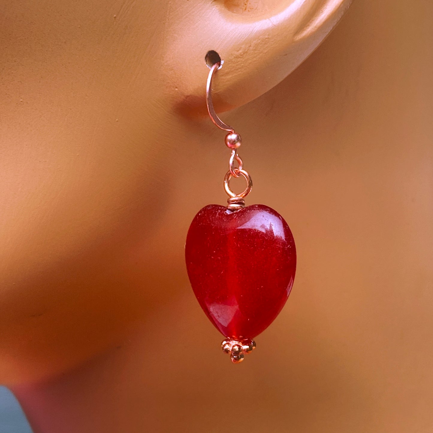 Red Jade Heart and Copper Dangle Earrings