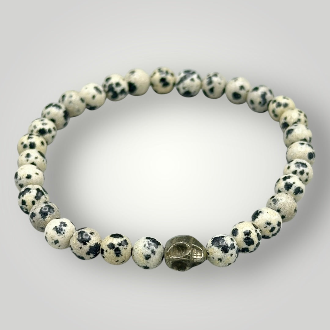 Dalmatian Jasper and Pyrite Skull Beaded Bracelet