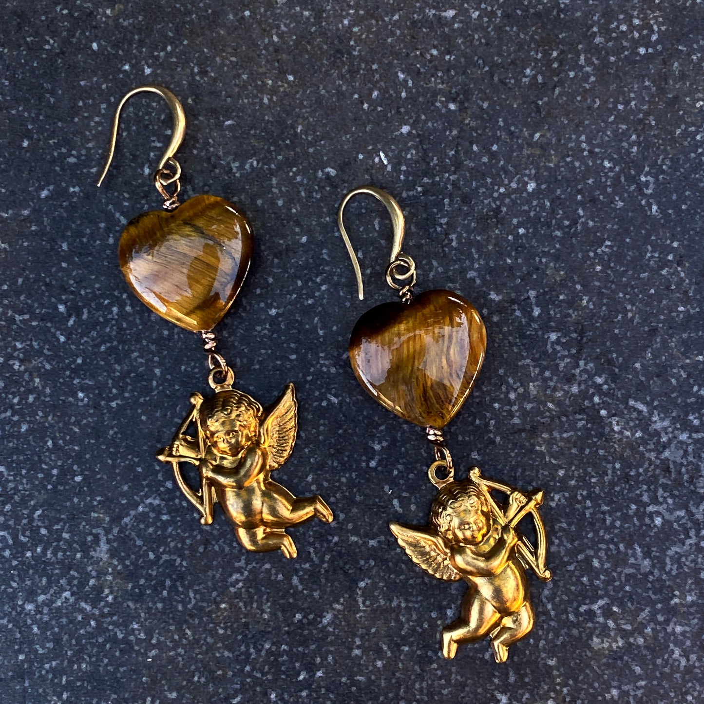 Cupid with Tiger Eye Hearts Earrings
