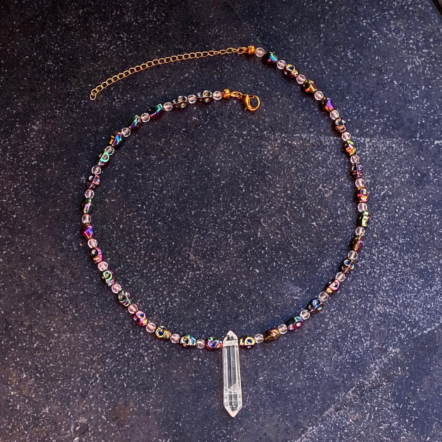 Quartz and Hematite Skull Necklace