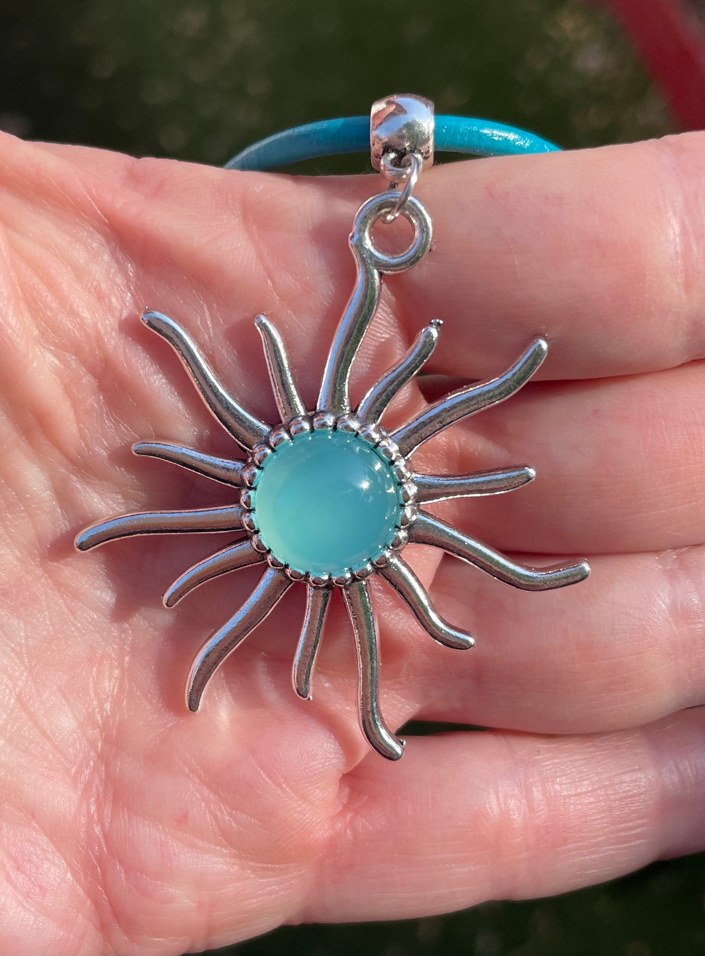 Blue Chalcedony gemstone Sun leather Necklace