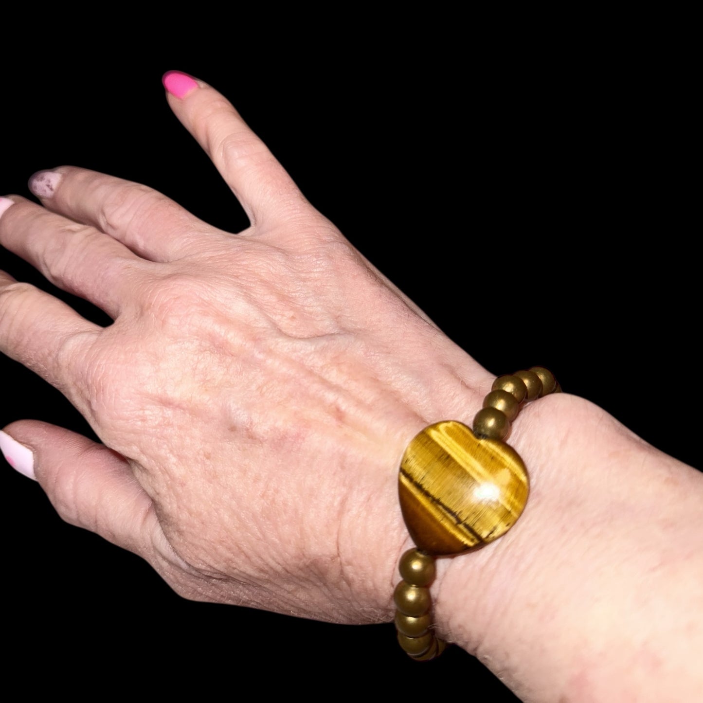 Tiger’s Eye Heart and Brass Beaded Bracelet