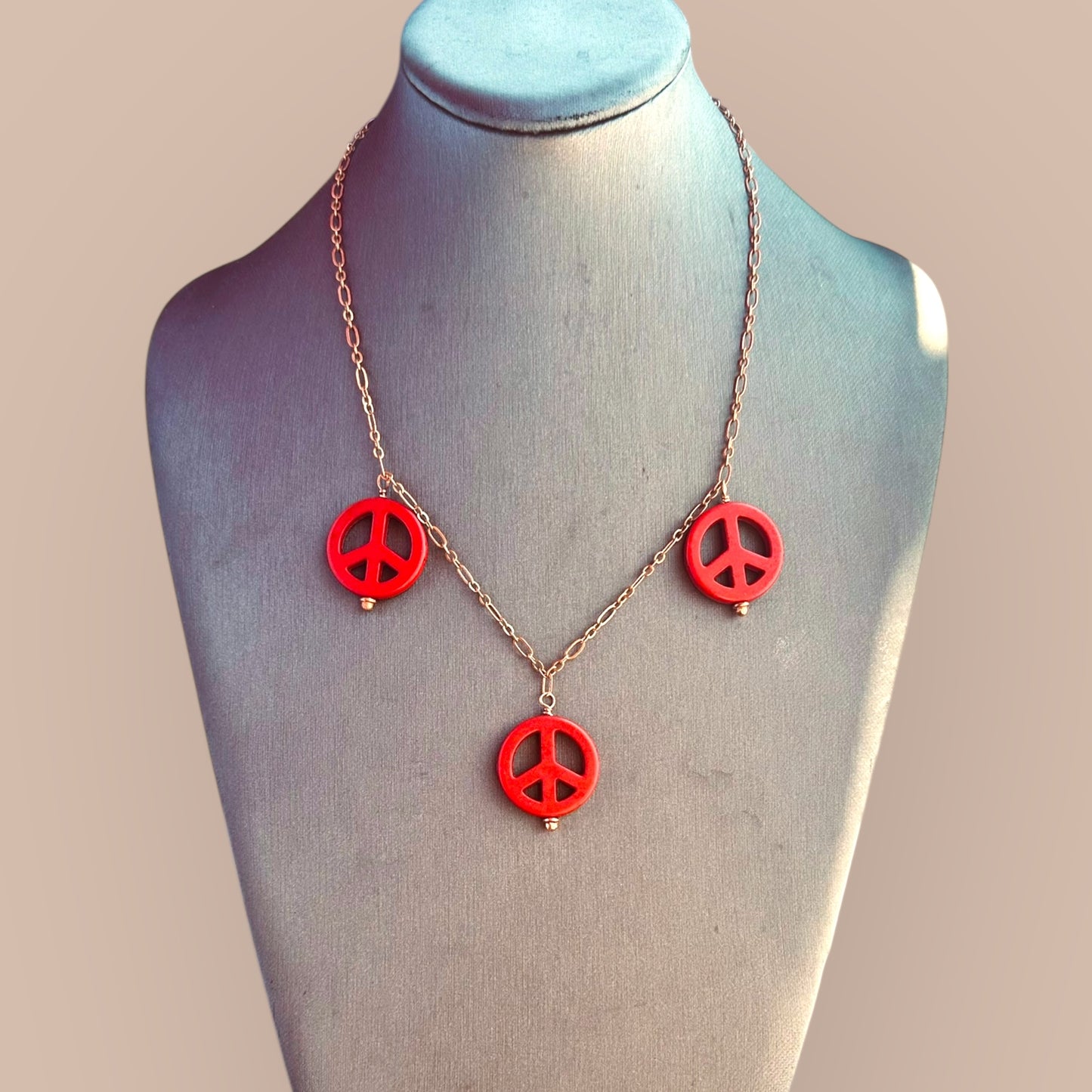 Red Howlite Peace Sign Copper Necklace