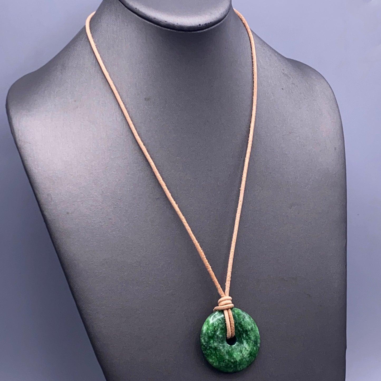 Green Jade Donut Pendant leather necklace