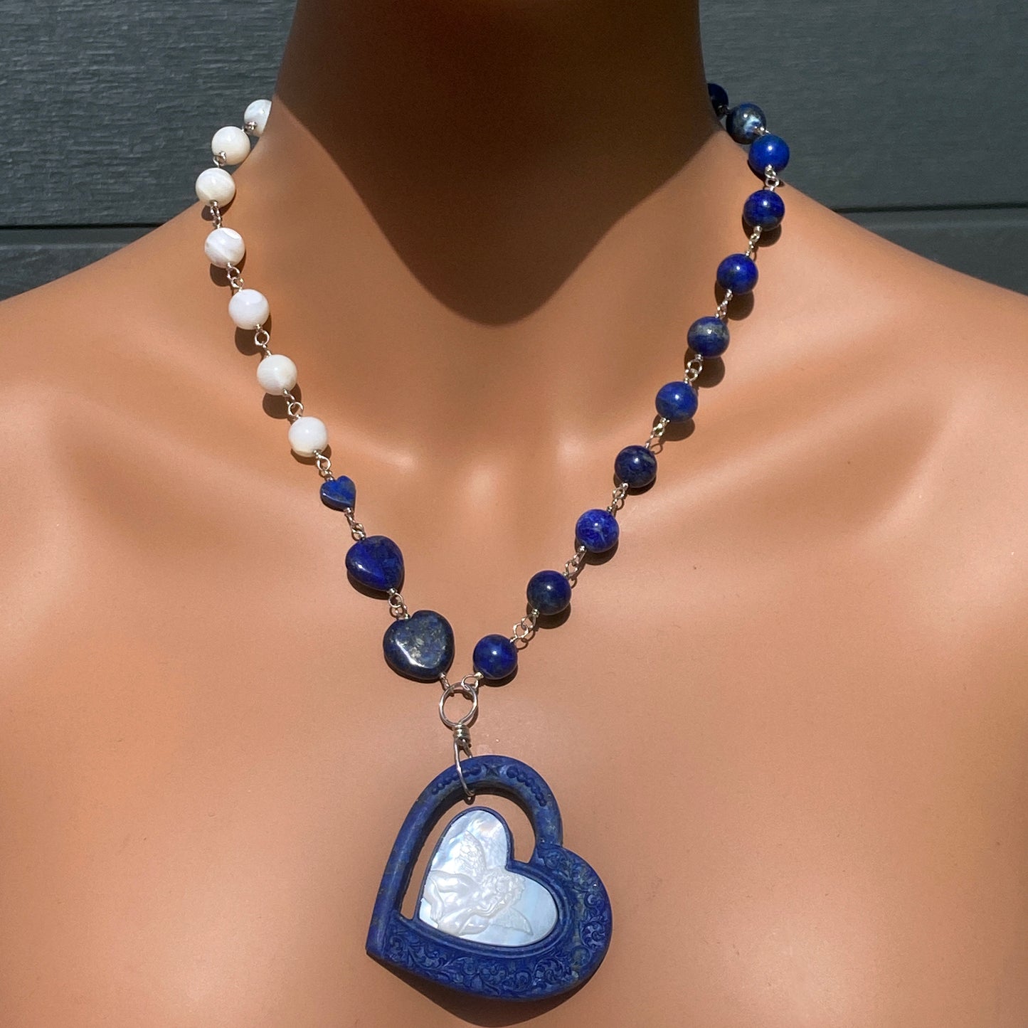 Lapis Lazuli gemstone and Mother of Pearl Heart Cupid Pendant Necklace