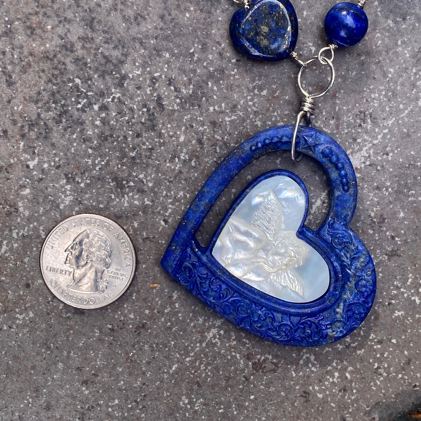 Lapis Lazuli gemstone and Mother of Pearl Heart Cupid Pendant Necklace