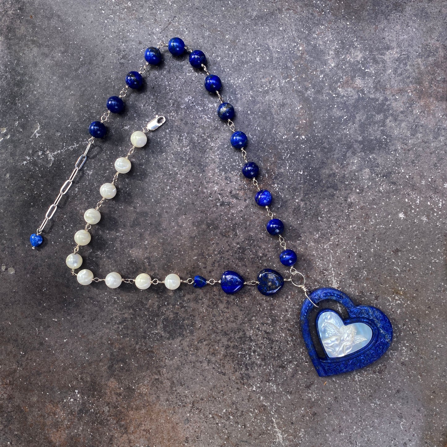 Lapis Lazuli gemstone and Mother of Pearl Heart Cupid Pendant Necklace