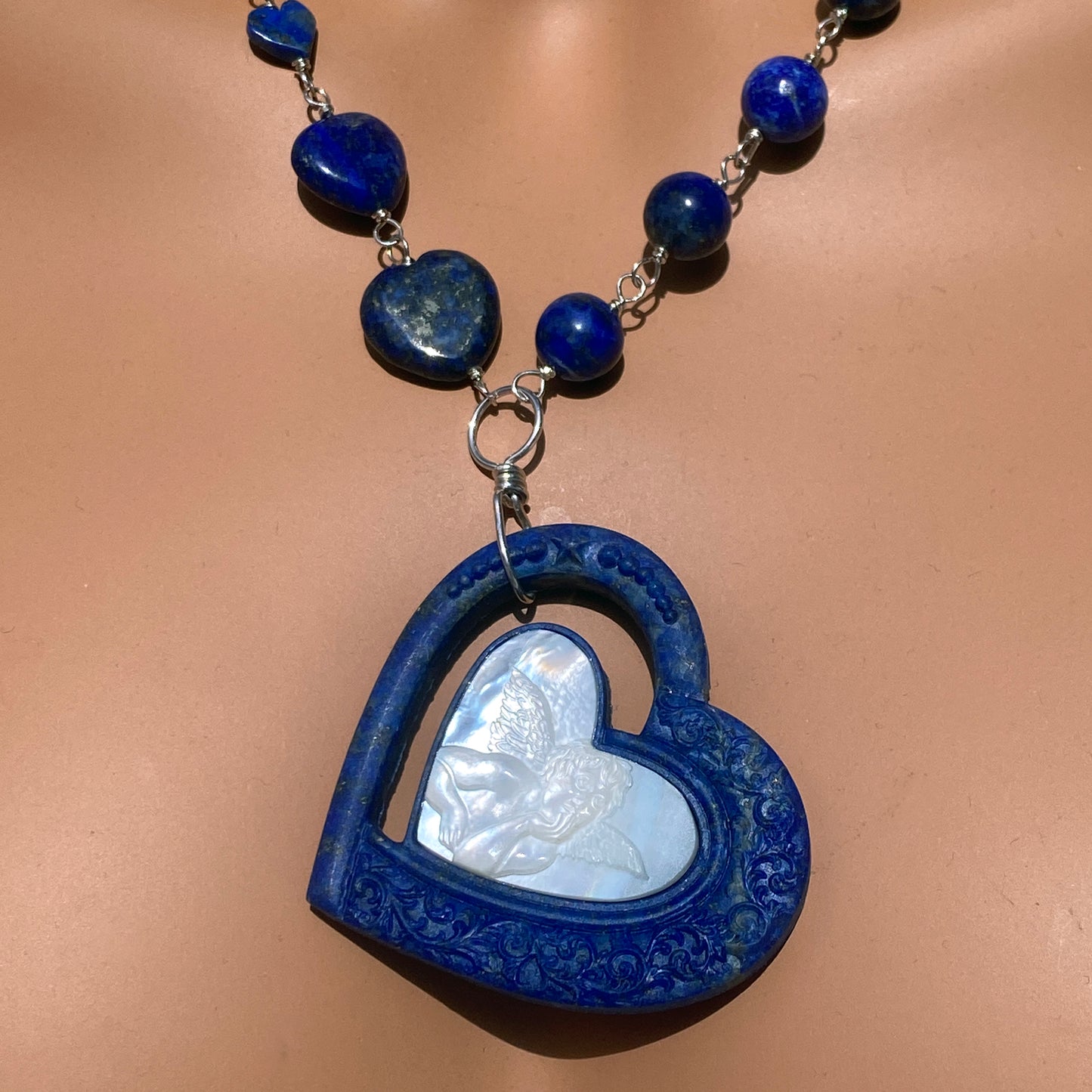 Lapis Lazuli gemstone and Mother of Pearl Heart Cupid Pendant Necklace