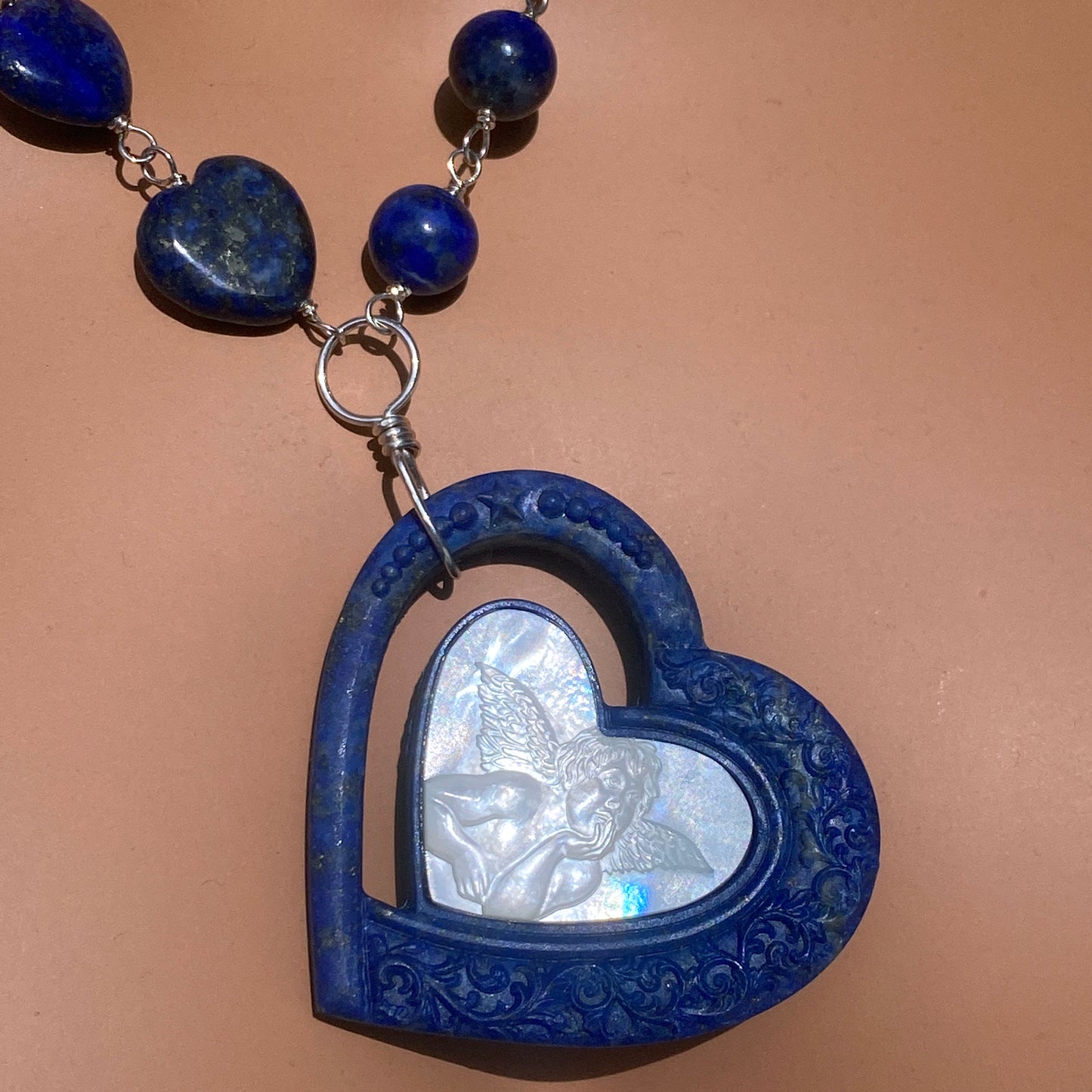 Lapis Lazuli gemstone and Mother of Pearl Heart Cupid Pendant Necklace