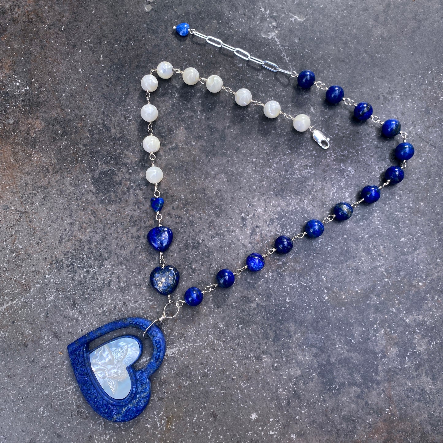 Lapis Lazuli gemstone and Mother of Pearl Heart Cupid Pendant Necklace
