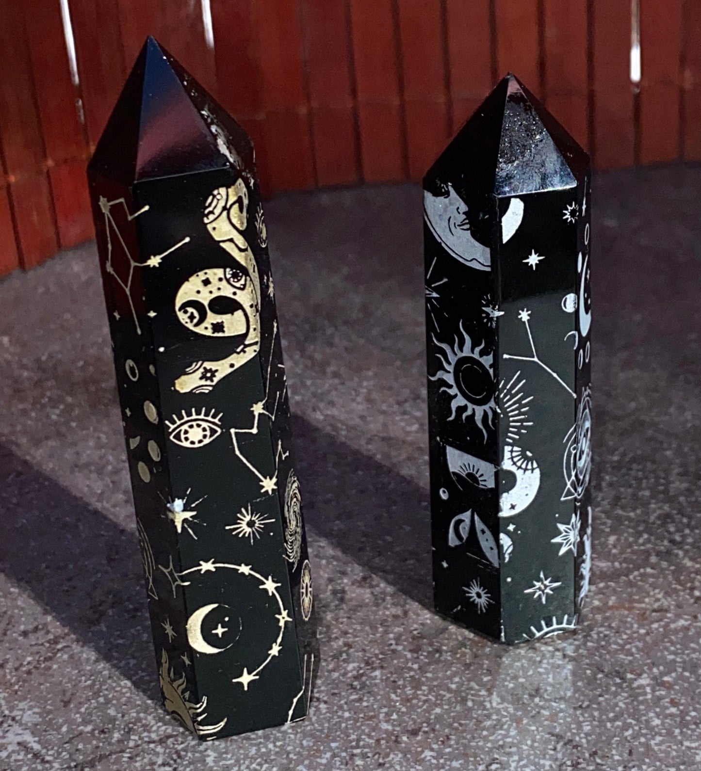 Black Obsidian gemstone 5 Point Wands with symbols