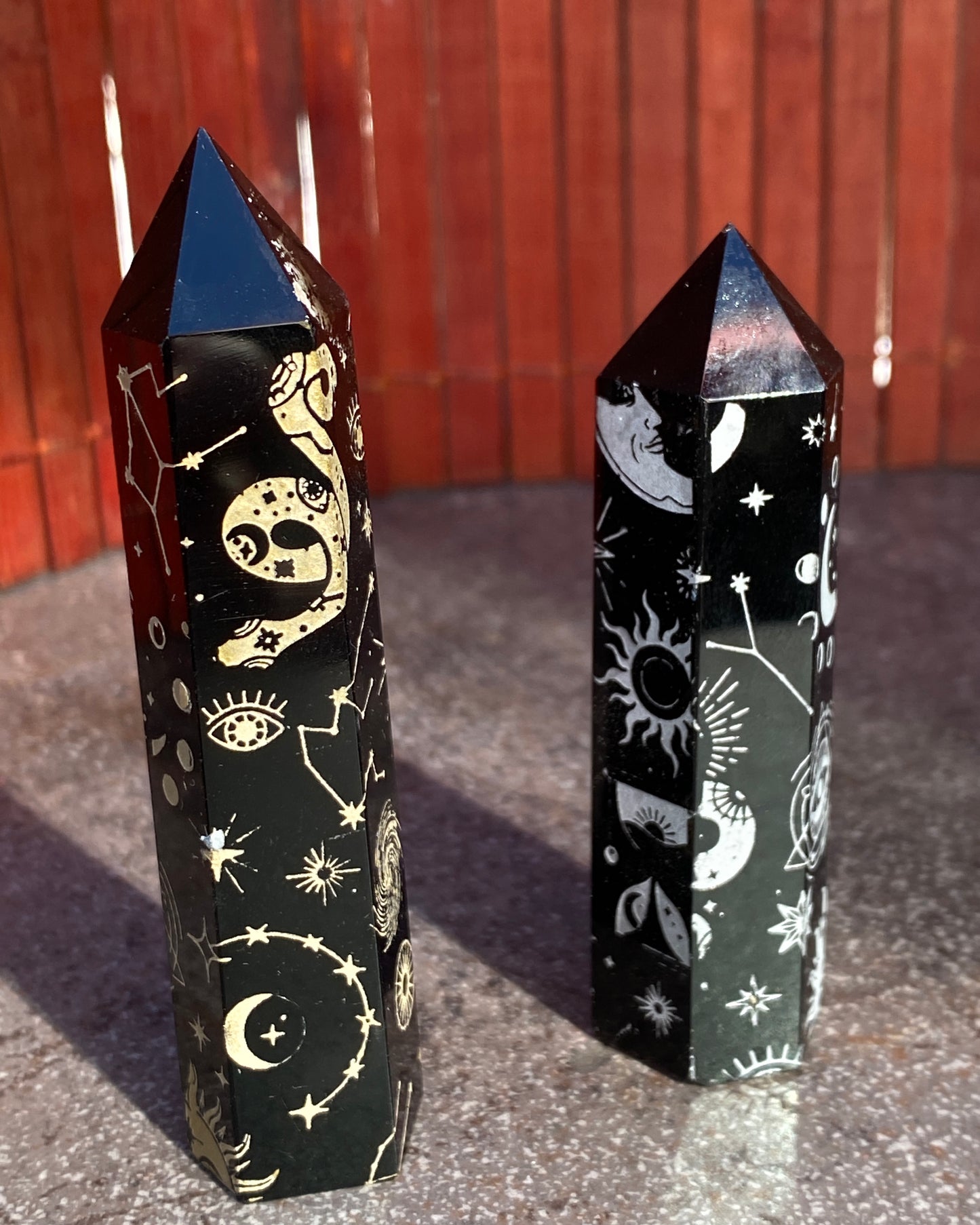 Black Obsidian gemstone 5 Point Wands with symbols