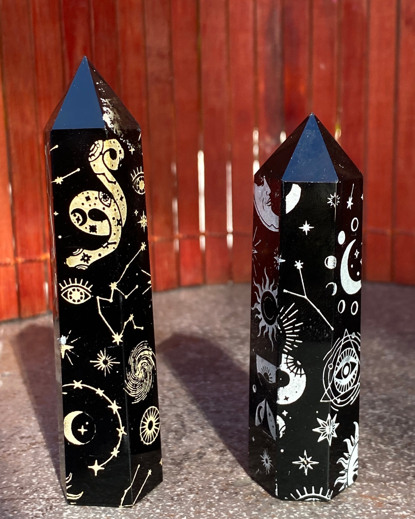 Black Obsidian gemstone 5 Point Wands with symbols