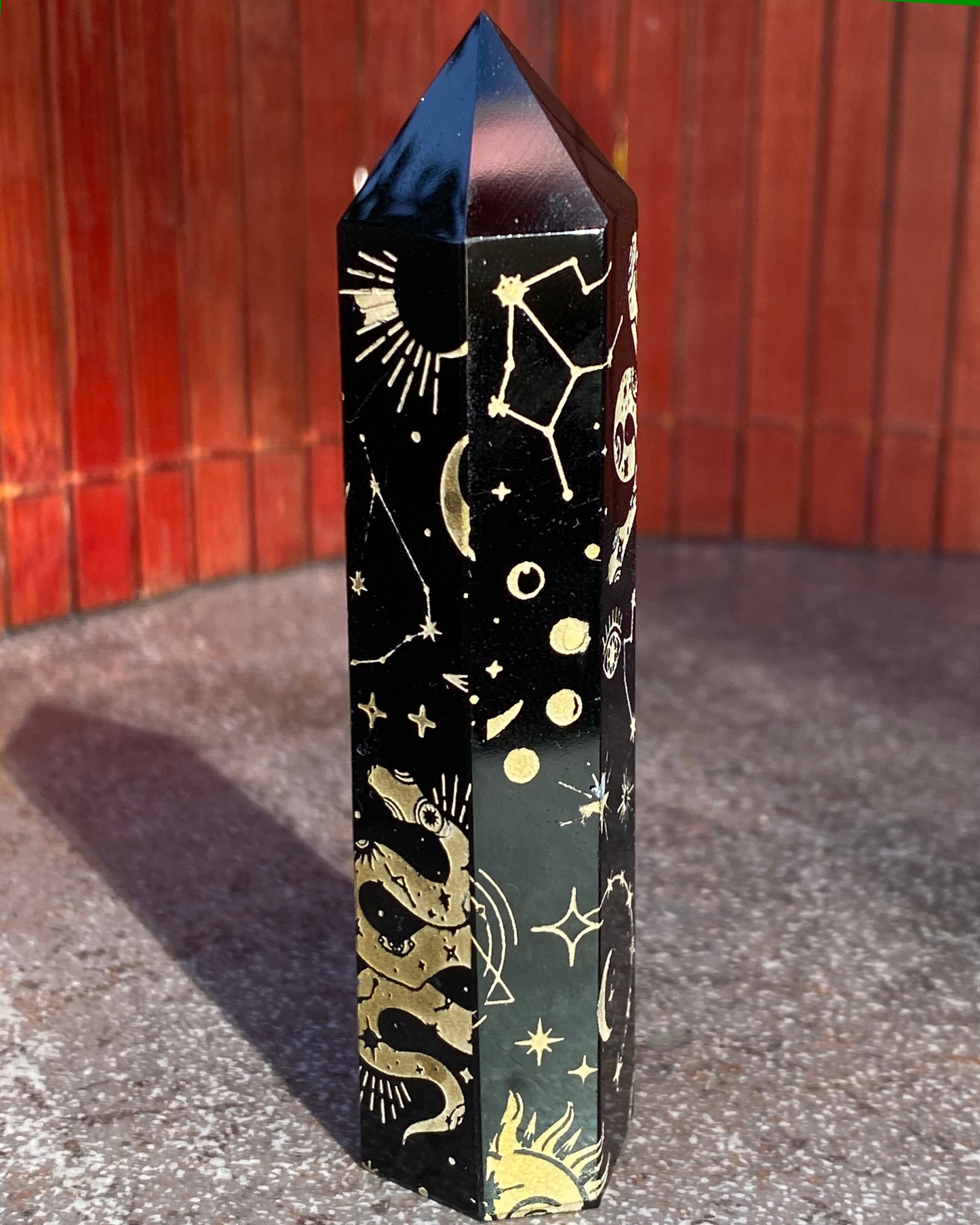 Black Obsidian gemstone 5 Point Wands with symbols