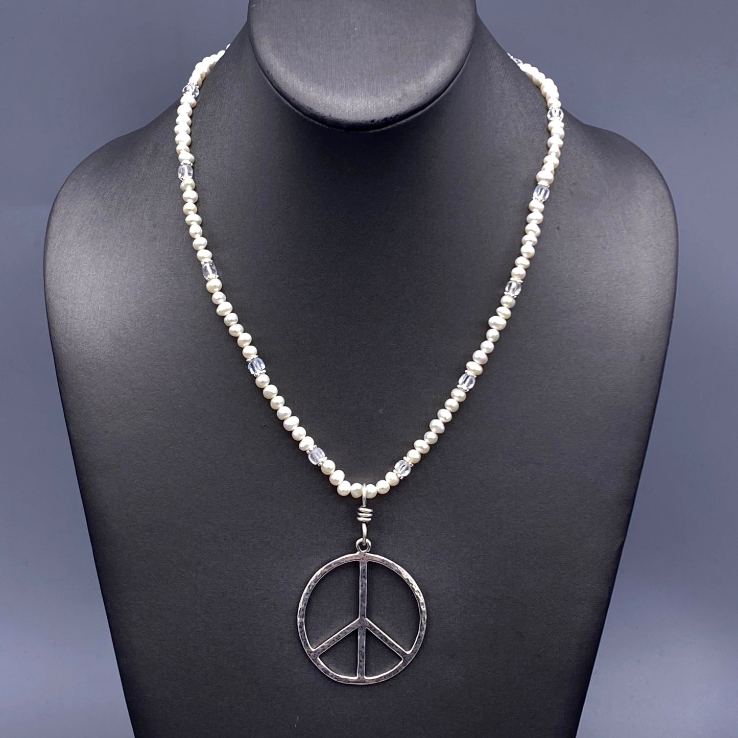 Pearl and Silver Peace Sign Pendant beaded necklace