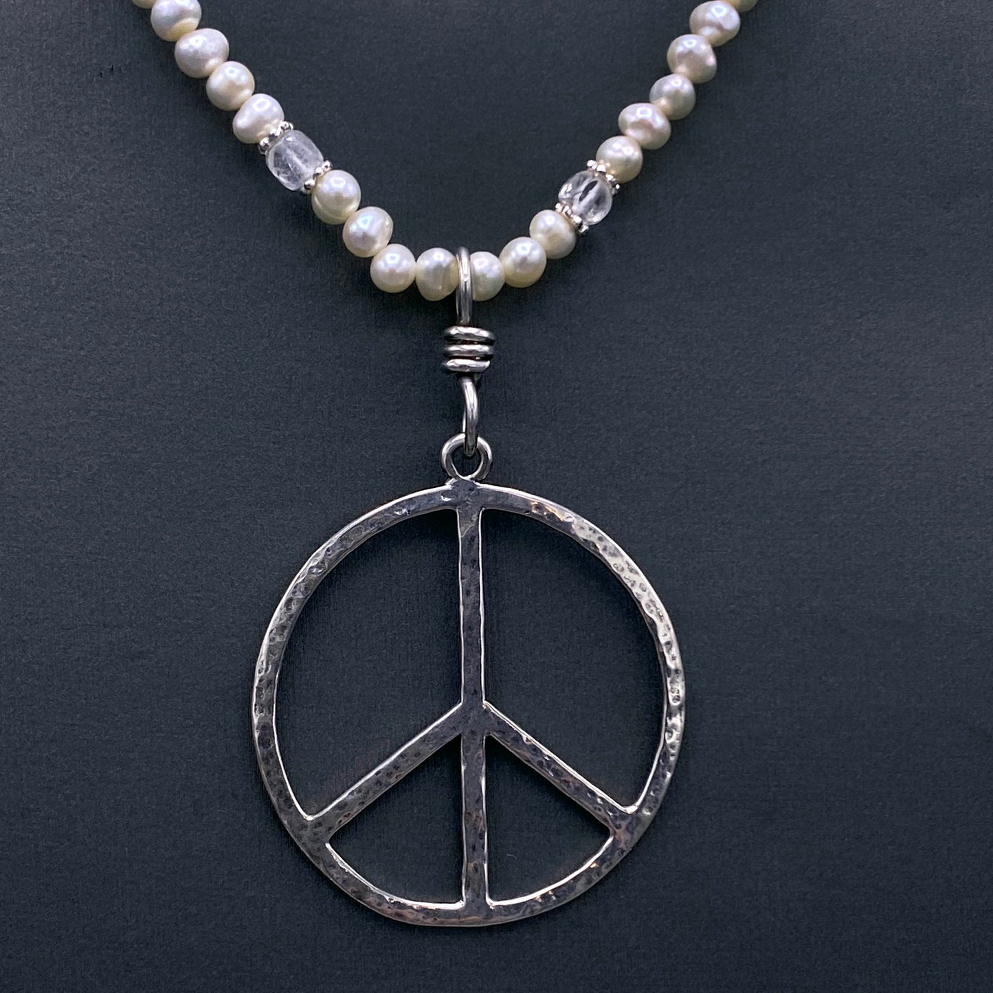 Pearl and Silver Peace Sign Pendant beaded necklace