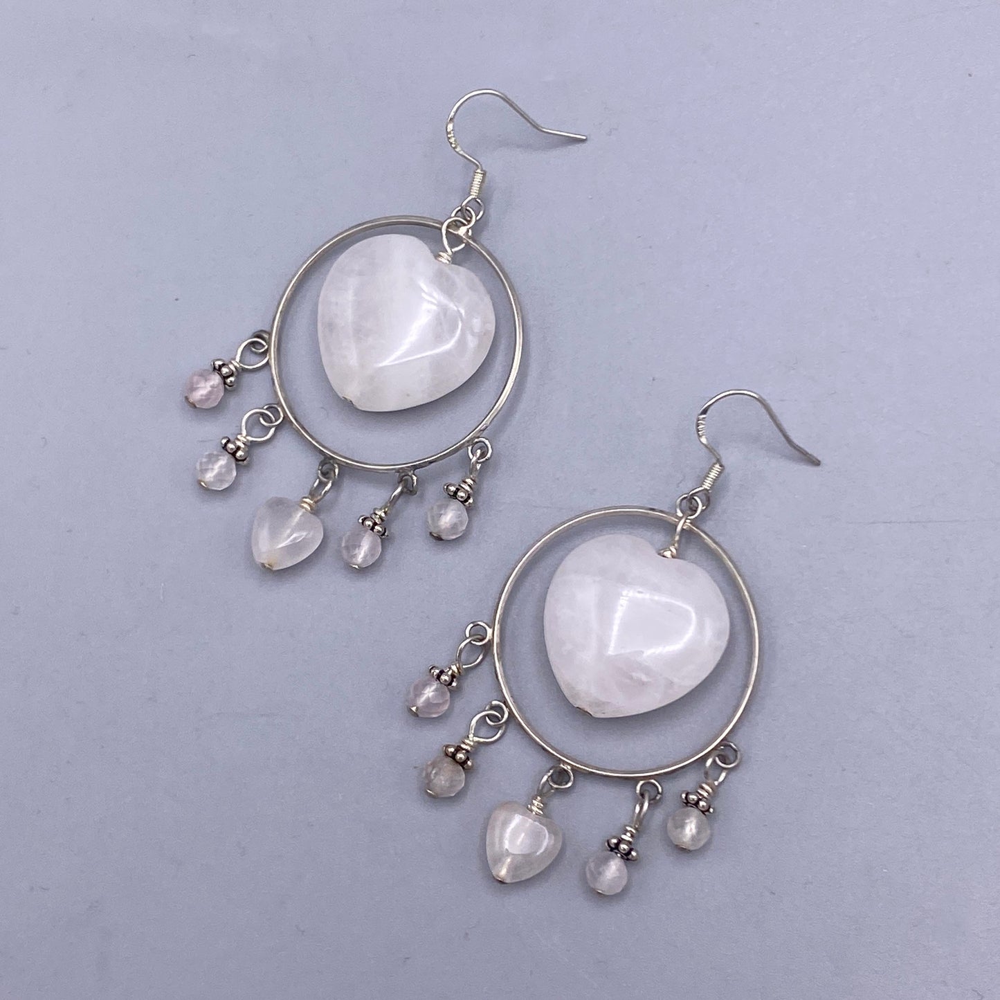Pale Rose Quartz Heart and Sterling Silver dangle Earrings