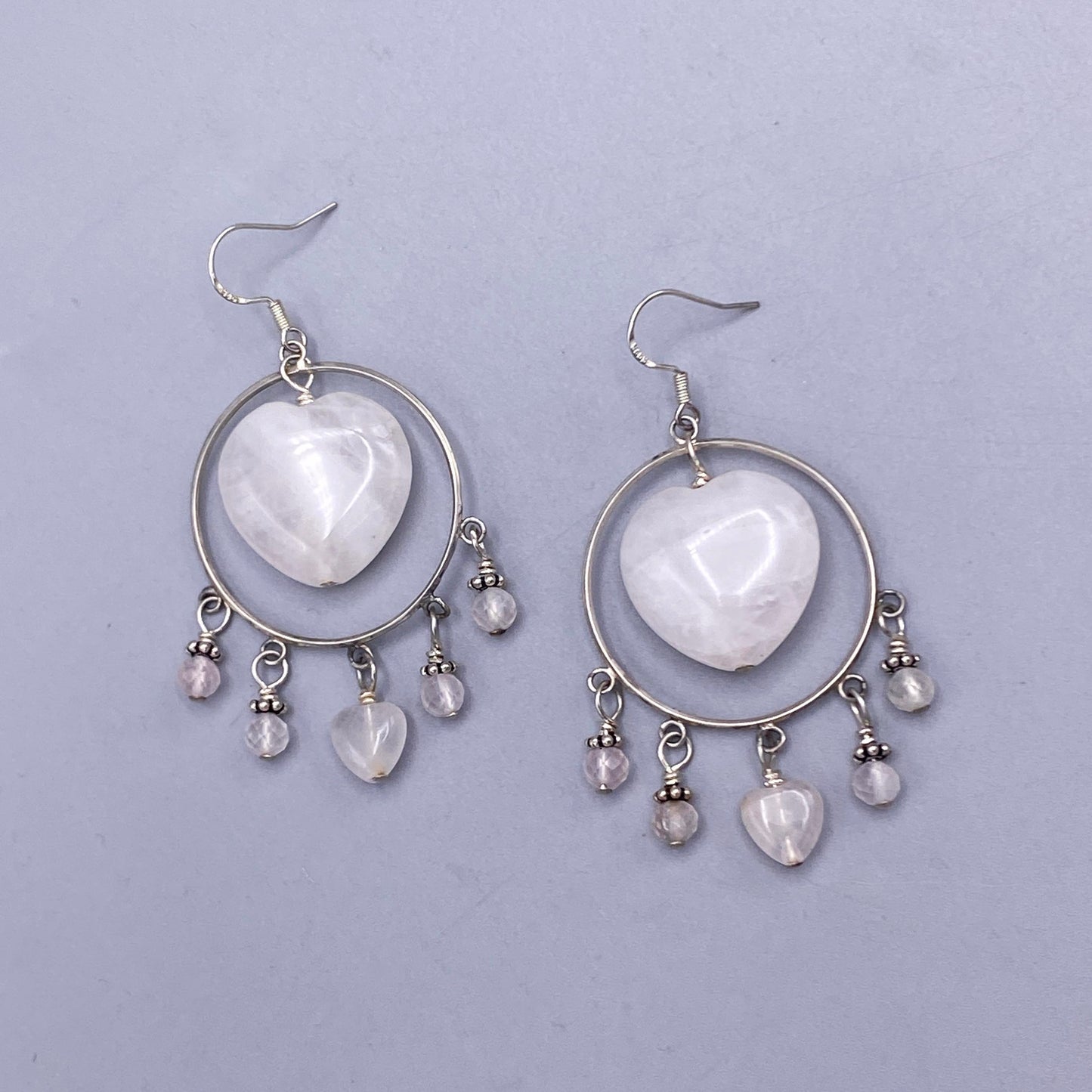 Pale Rose Quartz Heart and Sterling Silver dangle Earrings