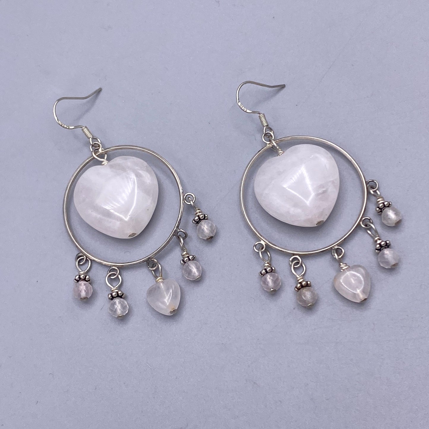 Pale Rose Quartz Heart and Sterling Silver dangle Earrings