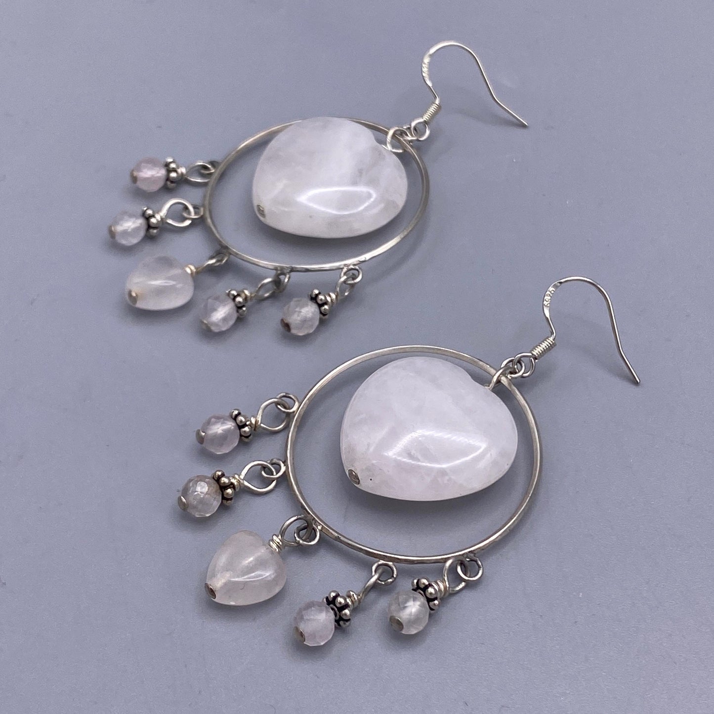 Pale Rose Quartz Heart and Sterling Silver dangle Earrings