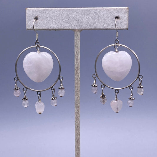 Pale Rose Quartz Heart and Sterling Silver dangle Earrings