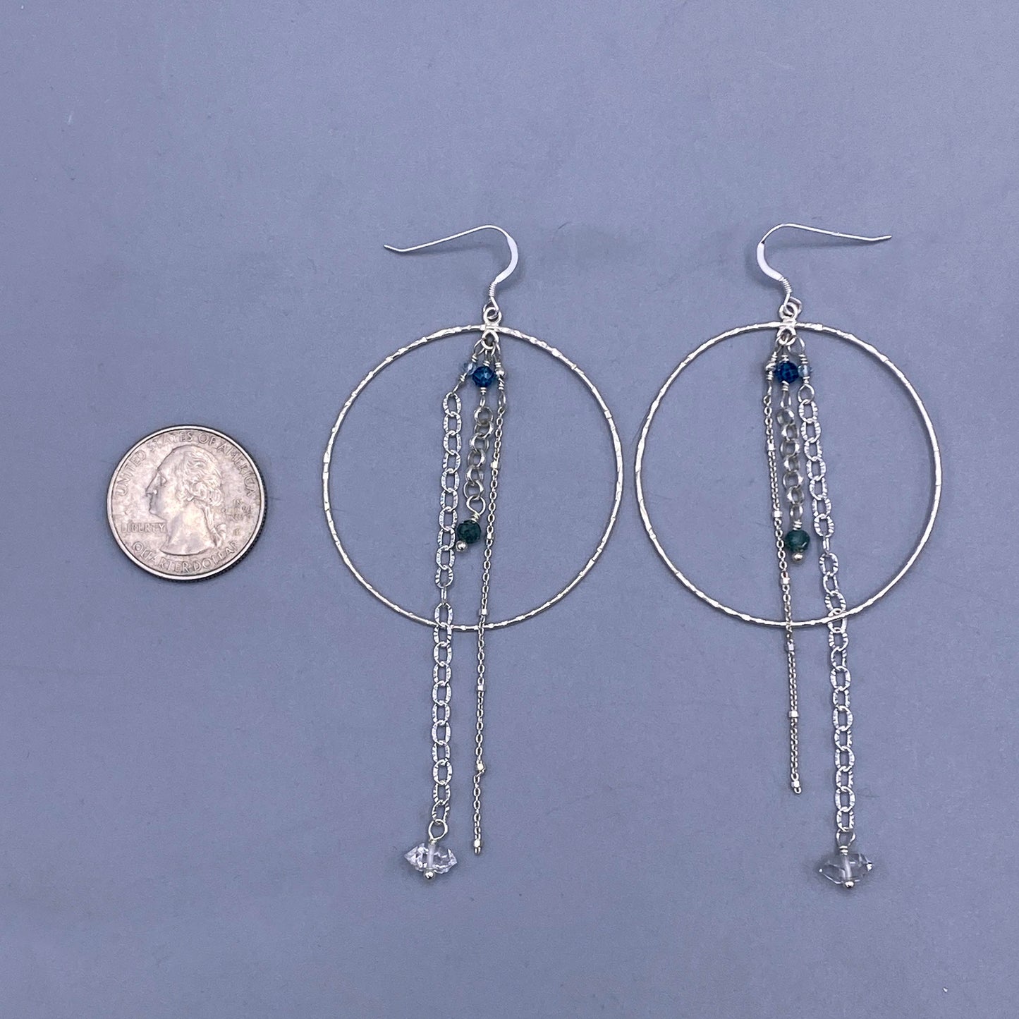 Silver Hoop Dangle Crystal Gemstone Earrings
