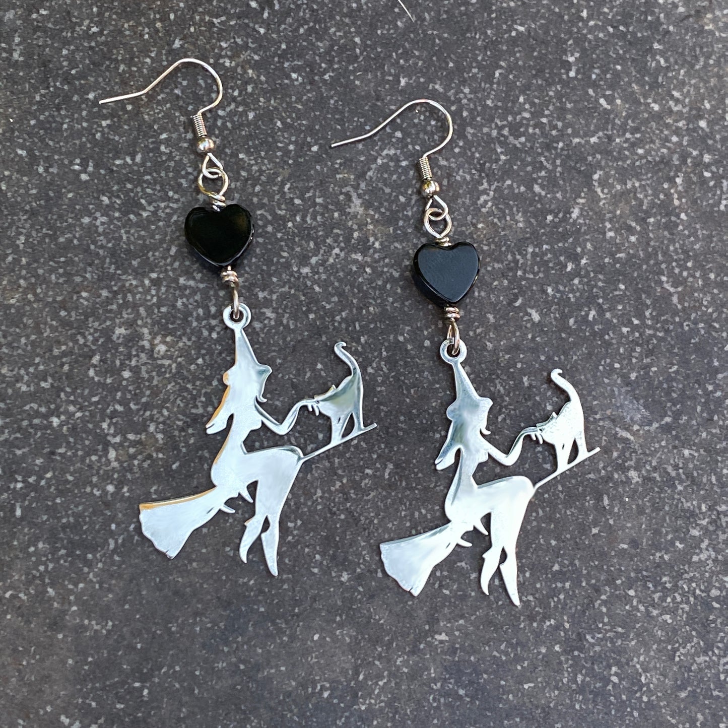 Onyx gemstone Hearts and steel Witch on broom Earrings